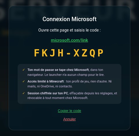L'écran de connexion : un code à saisir sur microsoft.com/link et trois garanties pour le joueur