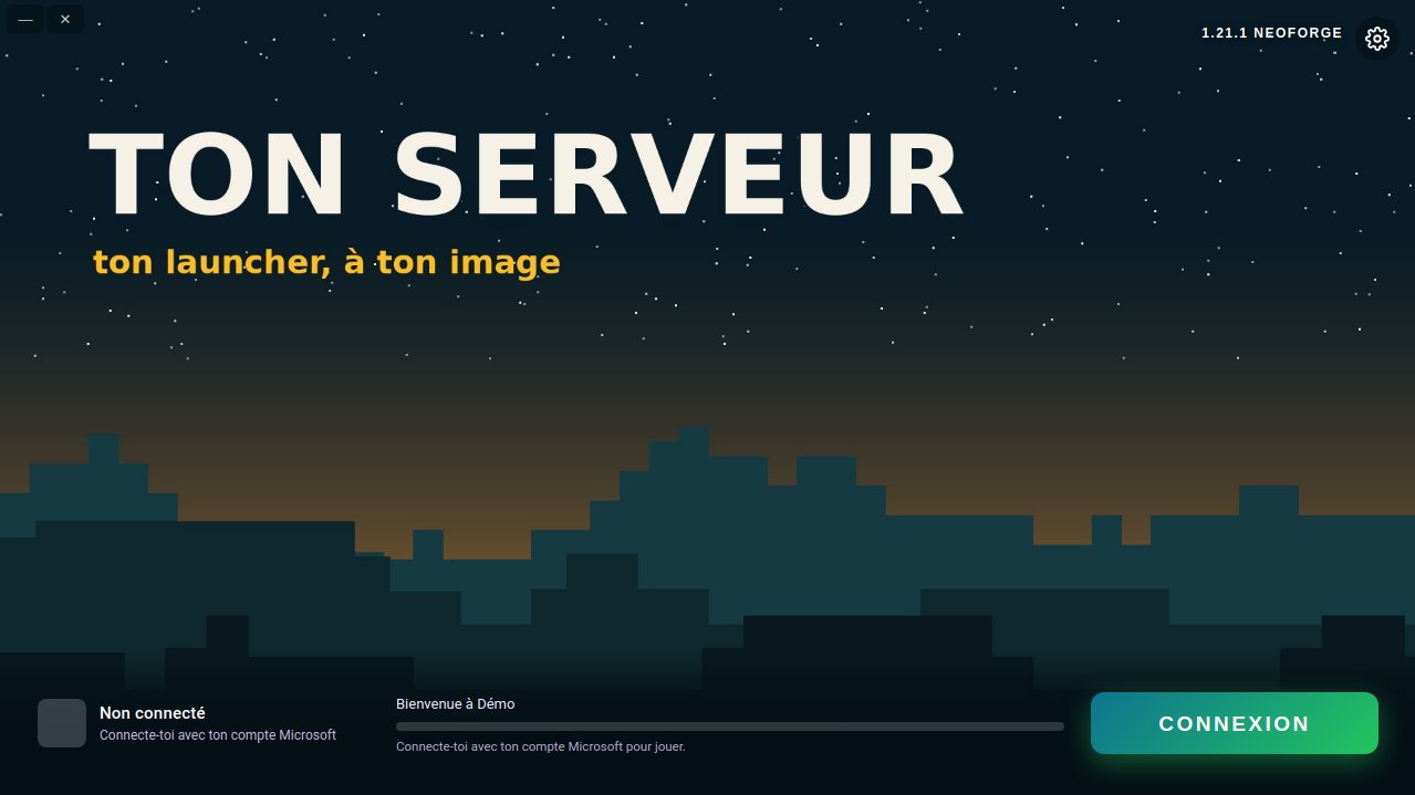 Launcher de démonstration : collines en blocs sous un ciel étoilé, bouton Connexion bleu et vert