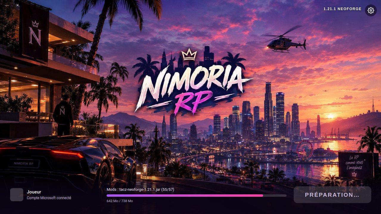 Le launcher de Nimoria RP pendant la mise à jour des mods : barre de progression à 87 %, bouton Préparation