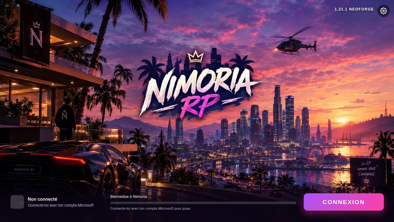 Le launcher de Nimoria RP : le fond du serveur, le pseudo du joueur et le bouton Connexion